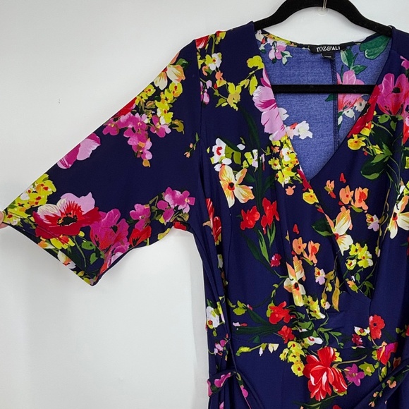 Roz & Ali Womens 1X Pullover Knit Dress Indigo Blue Multi Floral Elbow Sleeves - Picture 3 of 9